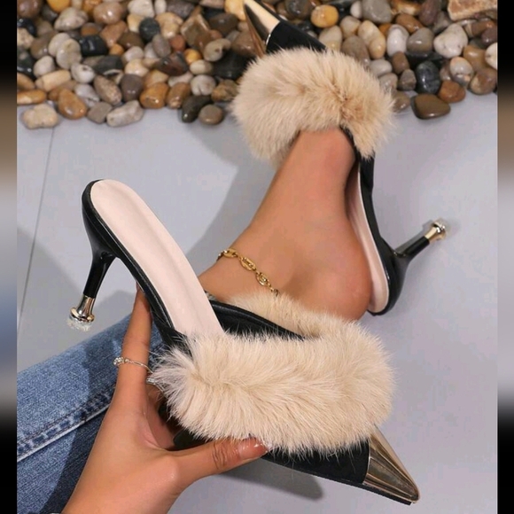 French Style Closed Toe Fluffy Slides, Women Metal Pointed Toe Stilettos High - Picture 3 of 5